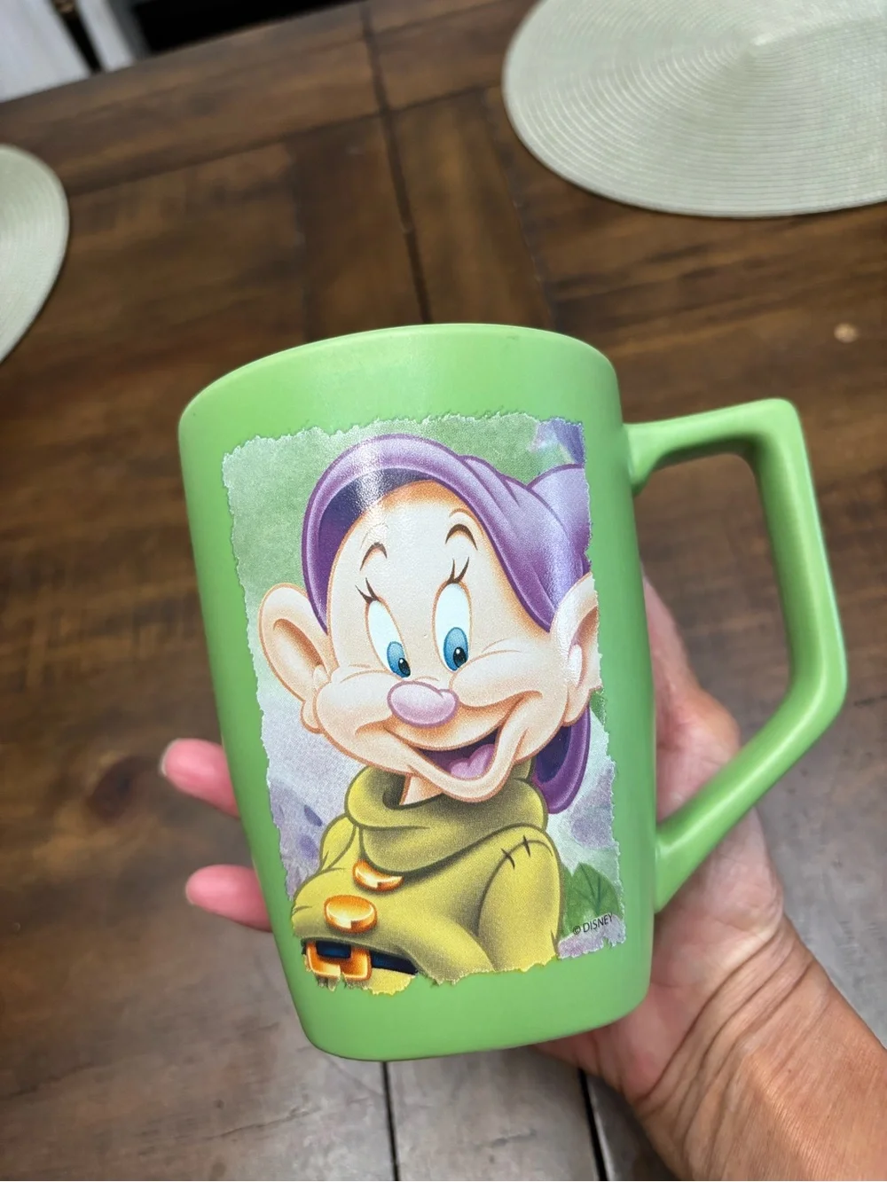 Large green ceramic Disney store dopey Snow White mug holds 18 ounces